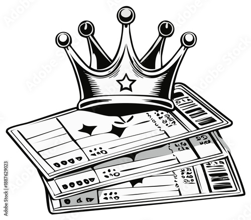Illustrated crown sitting atop a stack of lottery tickets or event passes in monochrome art style.