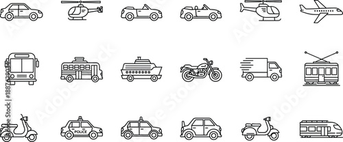   
Black and White Transportation Icons Featuring Cars, Airplanes, Scooters, Buses, Ships, and Emergency or Public Vehicles