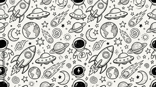 A black and white space doodle seamless pattern featuring rockets, planets, moons, stars, and UFOs for backgrounds, textiles, wallpapers, and crafts.