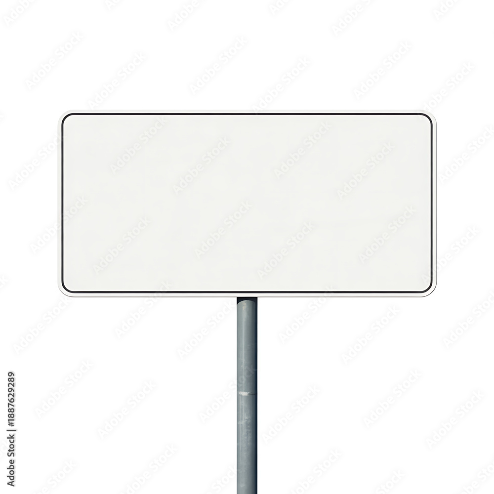 Obraz premium Clean Empty Rectangular White Street Sign on a Pole, Isolated on White Background for Branding, Directions, or Public Announcements.