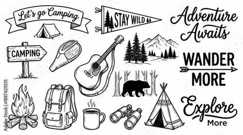 Whimsical camping and outdoor adventure collage featuring a tent, backpack, guitar, campfire, trees, bear, and inspirational quotes