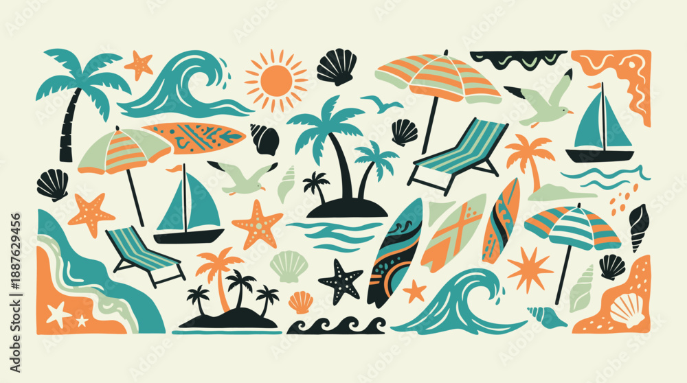 Naklejka premium Tropical vacation pattern collage with palm trees, sun, sailboats, waves and beach icons in teal and orange