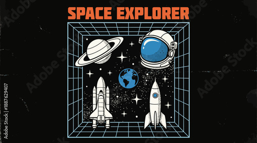 Retro Space Explorer poster with rockets, planets, and a grid background in a vintage sci-fi style