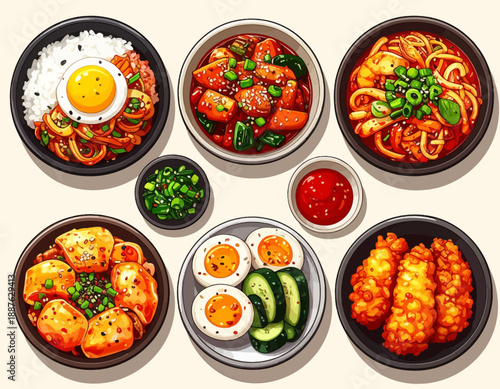 Assorted Korean Dishes and Sides in Various Bowls on a Table Top View