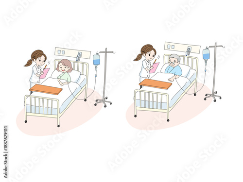 高齢の入院患者とナース