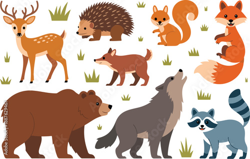 Forest Animals Cartoon Outline Icon Set Deer, Bear, Fox, Wolf, Raccoon, and Rabbit