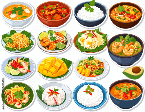 Assorted international cuisine dishes including rice, vegetables, and meat served in various bowls from a top-down viewpoint