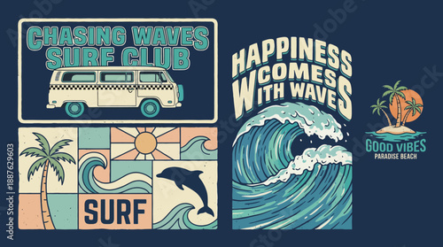 Retro seaside collage featuring surfing, waves, palm trees, and a vintage van to capture sunny beach vibes