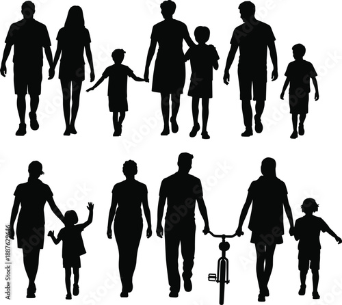 Family silhouettes walking together isolated on white background, parents and children unity, diversity, togetherness concept illustration parenting community lifestyle design vector
