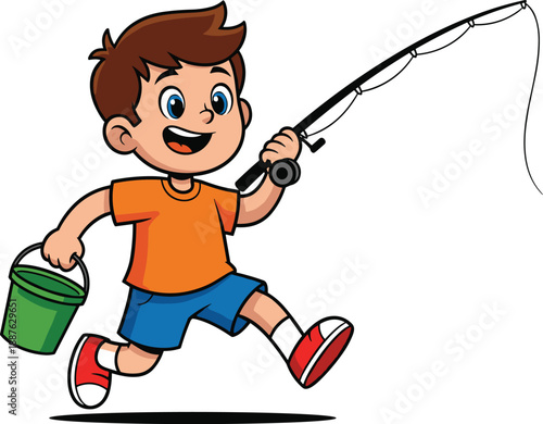 Cheerful Cartoon Boy Character Happily Walking with Fishing Rod and Green Bucket for Outdoor Summer Adventure Hobby and Childhood Vacation Vector Illustration Isolated