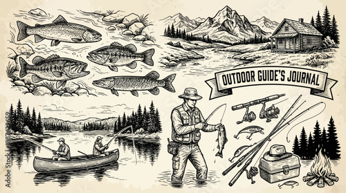 Vintage Outdoor Guide's Journal: a detailed wilderness collage featuring fishing, hunting, camping, boating, mountains and forest scenes for explorers and nature lovers