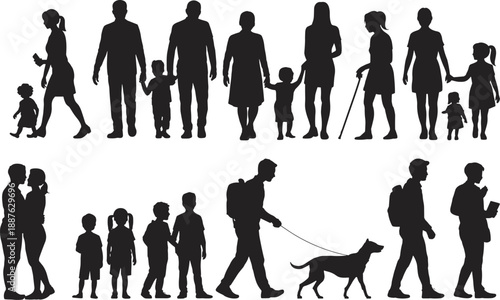 People and family silhouettes walking in everyday life scenes isolated on white background, adults children seniors and pets, community lifestyle diversity