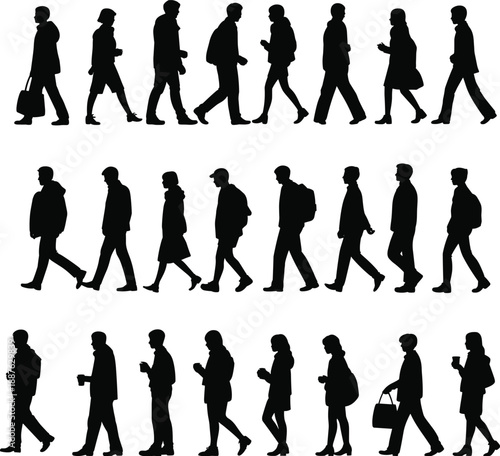 People silhouettes walking in multiple rows isolated on white background, urban commuters movement, modern lifestyle, business crowd illustration