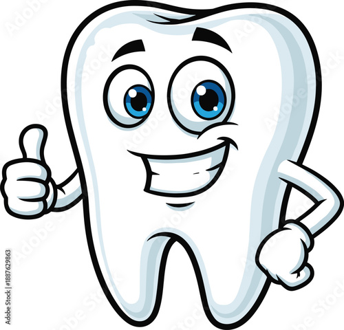 Cute cartoon tooth character with happy smiling face giving a thumbs up representing dental health hygiene oral care pediatric dentistry professional clinic and whitening vector