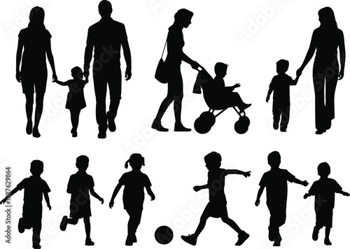 Family and children silhouettes walking and playing isolated on white background, parents with kids, everyday life, parenting, childhood lifestyle illustration