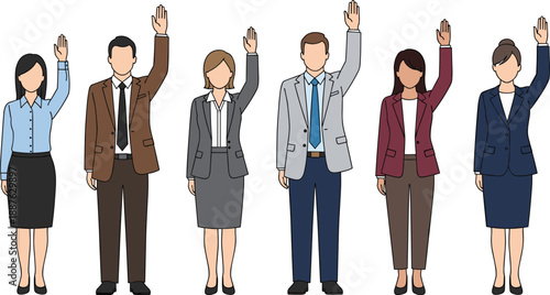 Diverse group of professional business people in formal suits standing together and raising their hands for voting or volunteering isolated on white backgroundDiverse group of professional business 