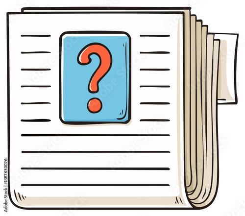 Stack of white papers with printed lines and a large question mark icon on a blue square