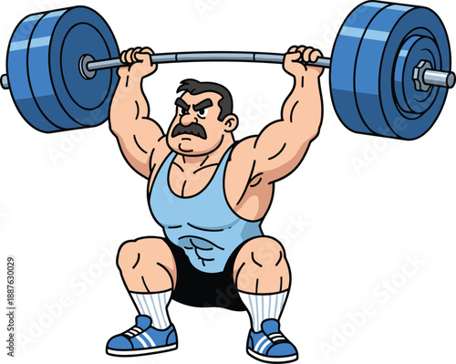 Strong muscular cartoon bodybuilder lifting heavy blue barbell overhead in gym squat position representing fitness power weightlifting strength health training and determination vector illustration