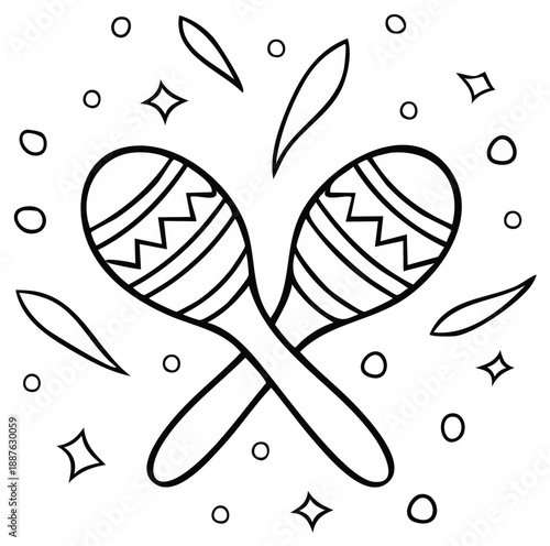 Cartoon maracas crossed against the backdrop of sparkles and confetti