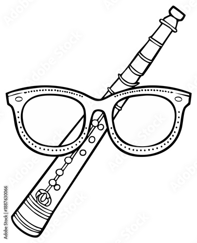 Graphic illustration of glasses, a telescope, and a clarinet, musical instruments.
