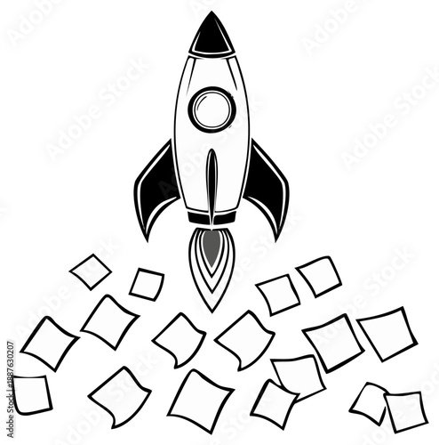 Rocket taking off emitting flames and blank papers, symbolizing success, strategy and starting new projects