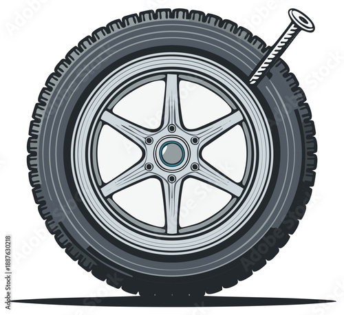 Punctured Tire with Nail Illustration Automotive Flat Tire Problem Repair Need