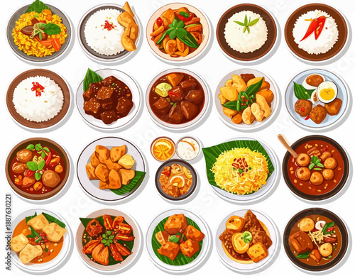 Assorted international dishes collage showcasing various cuisines and meals from around the world on plates, viewed from directly above.