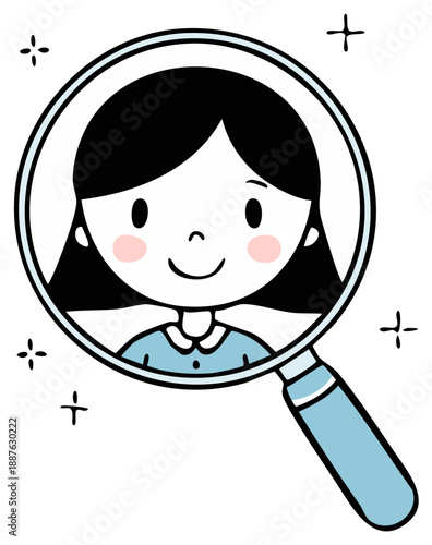 Girl portrait illustration under magnifying glass searching for discovery concept