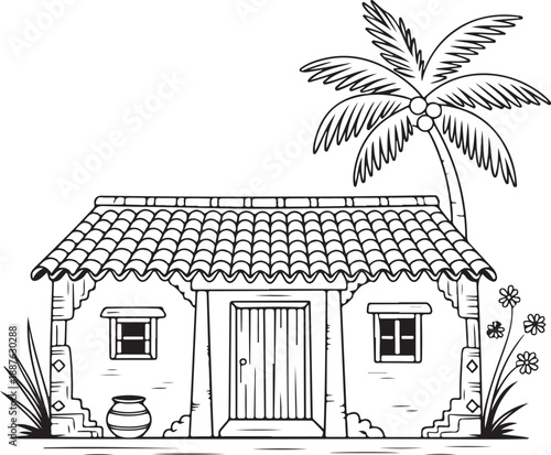 Thatched Roof House with Palm Tree
