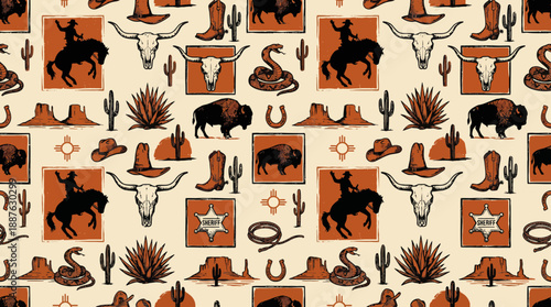 Seamless desert caravan pattern with camels, palm trees and oasis motifs in warm orange tones, vintage textile design