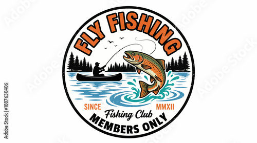 Fly Fishing Club logo featuring a leaping trout over waves, a boat silhouette, and a 'Members Only' banner for an exclusive fishing community.