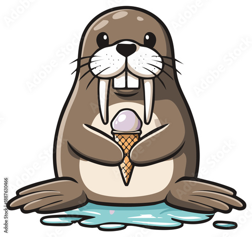 Cartoon walrus happily enjoys a melting ice cream cone with tusks in a playful illustration, making a small puddle.