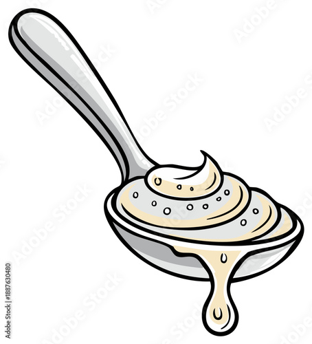 Whimsical cartoon of a metal spoon holding creamy white sauce with a dripping drop