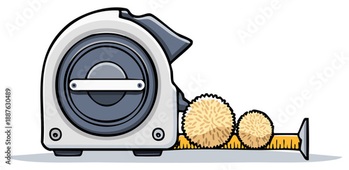 Cartoon illustration of a tape measure with its measuring tape extended