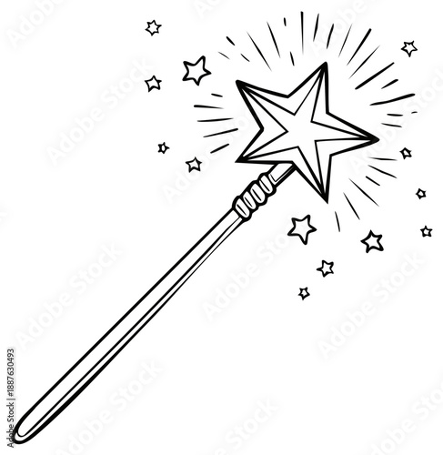 Magical star wand with radiating light and small stars cartoon illustration