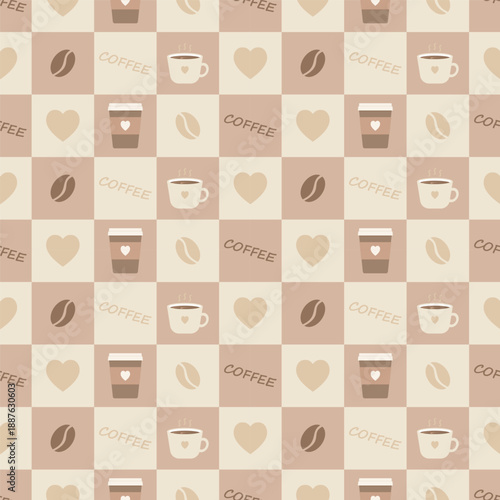 A seamless pattern of a coffee cup featuring hearts and coffee beans scattered across a yellow background. Suitable for wallpaper design, gift wrapping paper, coffee shops, and cute decorations