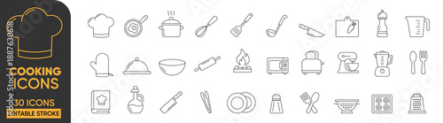 Cooking and Kitchen Line 30 Icons Set - Professional Culinary Tools, Restaurant Utensils, Food Preparation Symbols, Baking Equipment, and Chef Accessories with Editable Stroke for UI UX Design