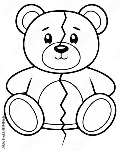 Sad Broken Teddy Bear Outline Illustration Cute Toy Character with Cracks