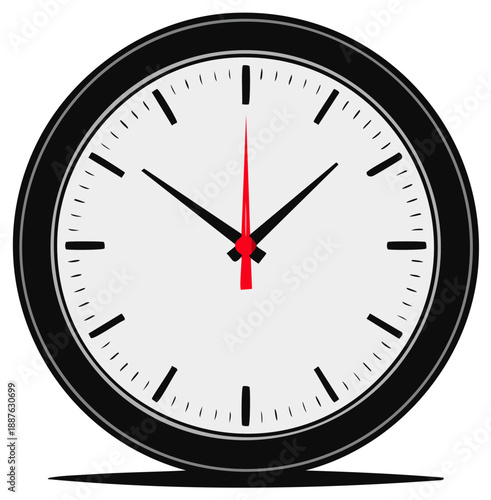 Minimalist clock with red second hand isolated on white