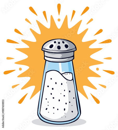 Classic glass salt shaker illustration in a cartoon style with a bold orange starburst background
