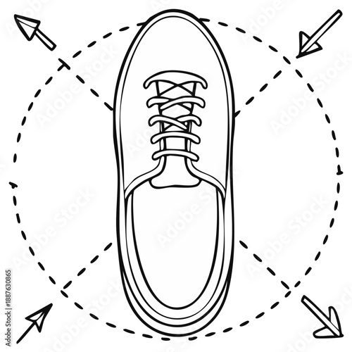 Top view illustration of a canvas shoe with directional arrows and a dotted circle for sizing
