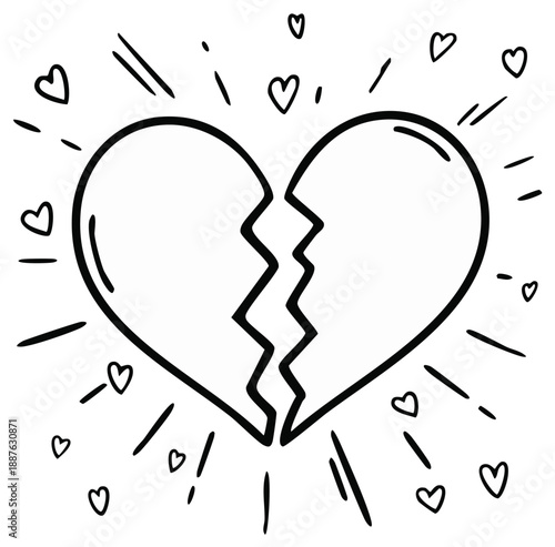 Broken heart illustration, heart break line art, love separation drawing, divorce sign