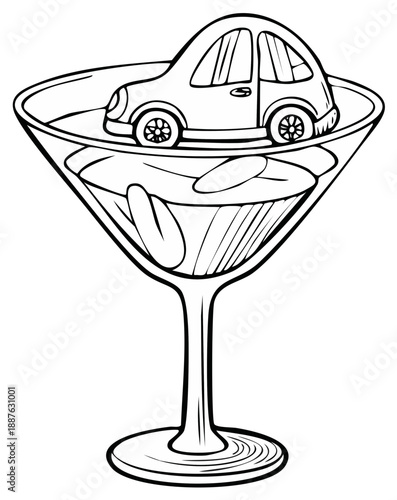 Automobile in Cocktail Glass - Whimsical Car in Drink Line Art