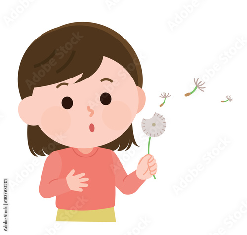 たんぽぽの綿毛を息を吹きかけて飛ばす女の子　イラスト