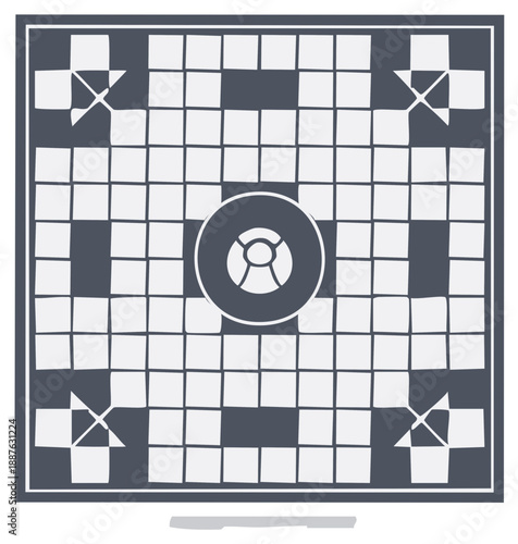 Minimalist vector illustration of a board game grid with patterned corner squares and a central circular design element.