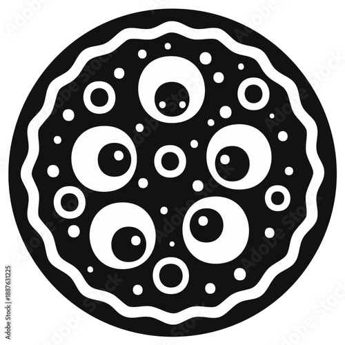 Abstract illustration of a pizza covered with cartoon eye toppings in a black circle, vector art.