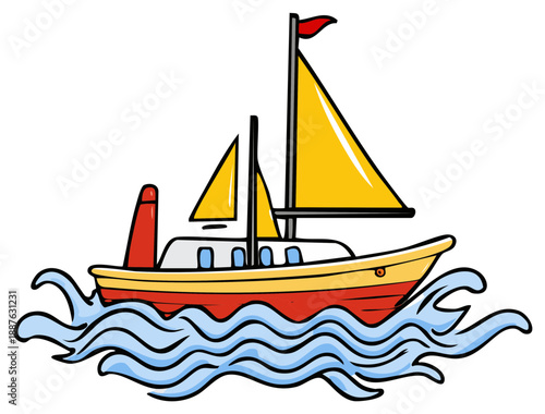 Vibrant cartoon sailboat illustration with yellow sails red hull and steam pipe on blue waves