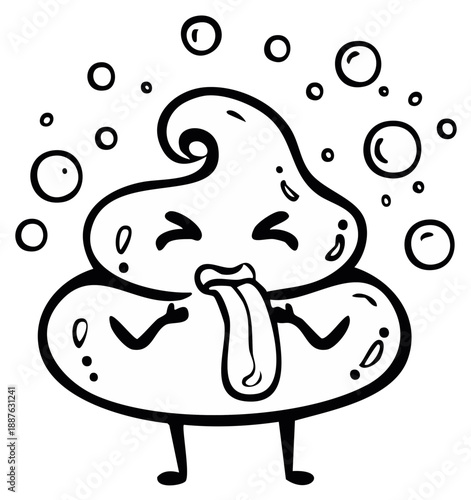 Cartoon poo character with funny face and bubbles