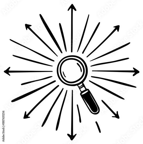 Hand drawn magnifying glass icon with radiating arrows for search, discovery, and exploration concept