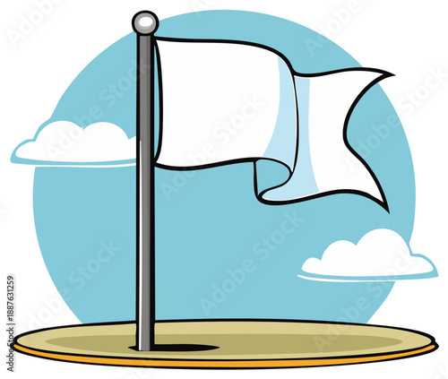 Waving White Flag on Green with Clouds and Blue Background, Graphic Illustration